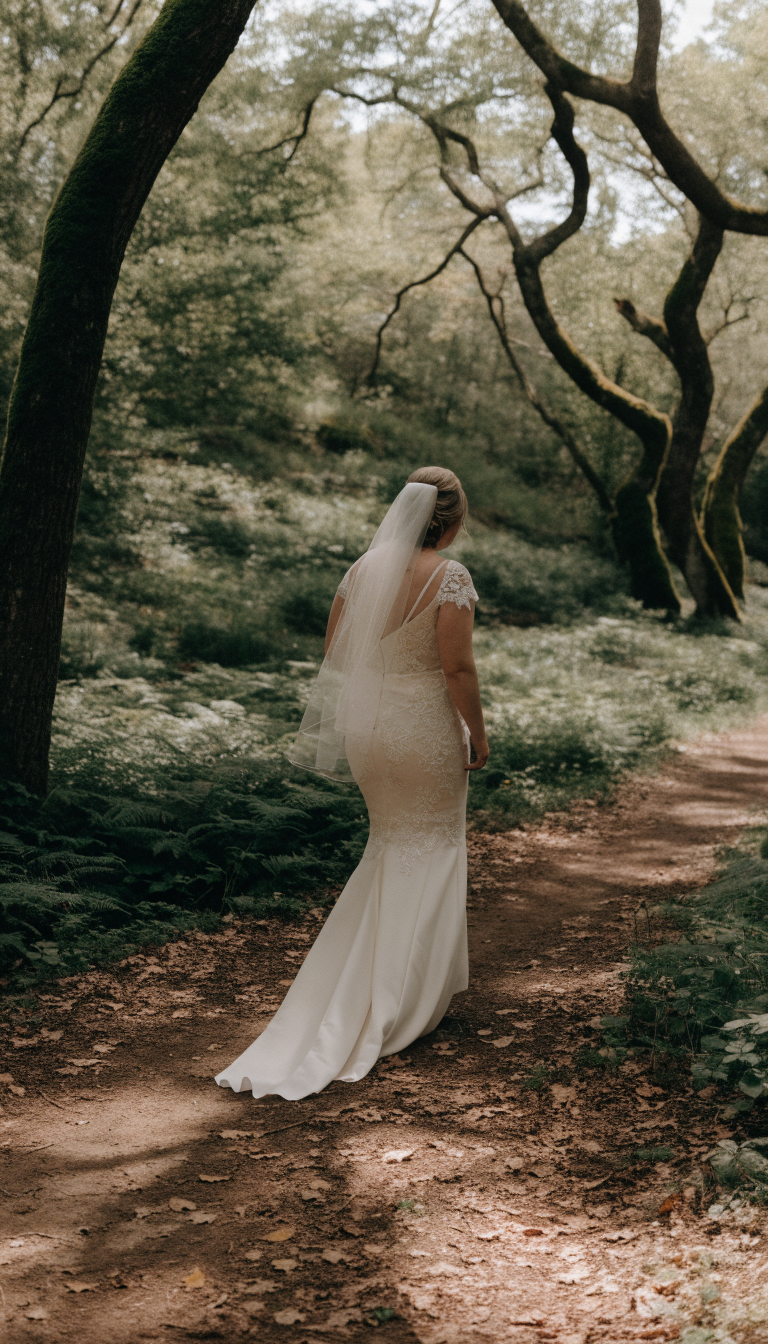 Bride in ivory fit-and-flare gown with short train on forest path