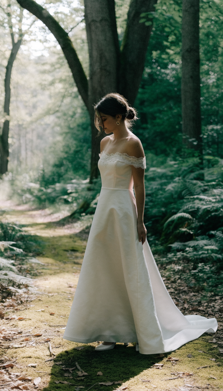 Bride in ivory organza A-line gown with soft sheen in shaded forest