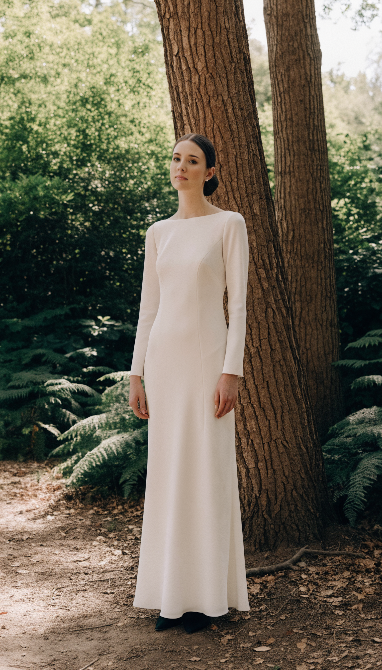 Bride in matte ivory crepe gown with clean lines beside forest trees