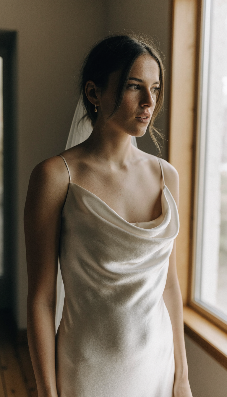 Bride in silk slip dress with soft draped cowl neckline in daylight