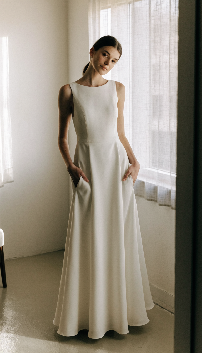 Bride with hands in side pockets of a simple ivory A-line wedding dress