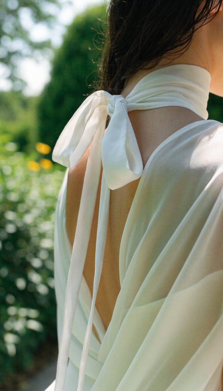 Back view of bride with bow-tied halter neckline and long ties on chiffon dress