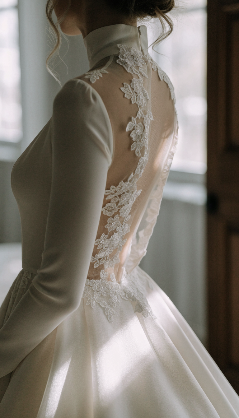 Bride from behind in ivory halter gown with sheer lace illusion back panel