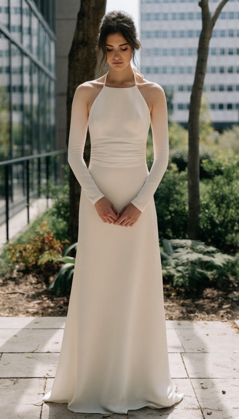 Bride in matte ivory crepe halter dress in a city garden