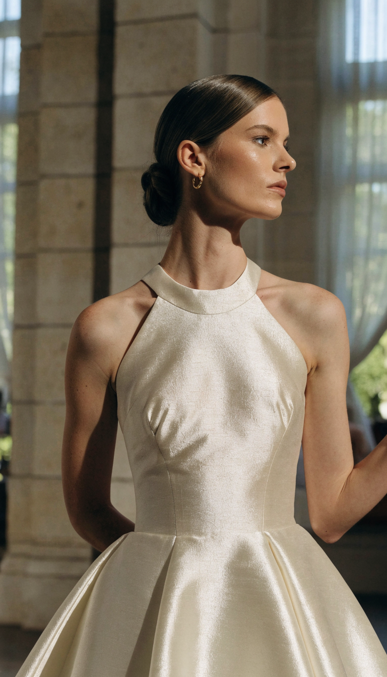 Bride wearing crisp ivory mikado halter gown with structured skirt indoors