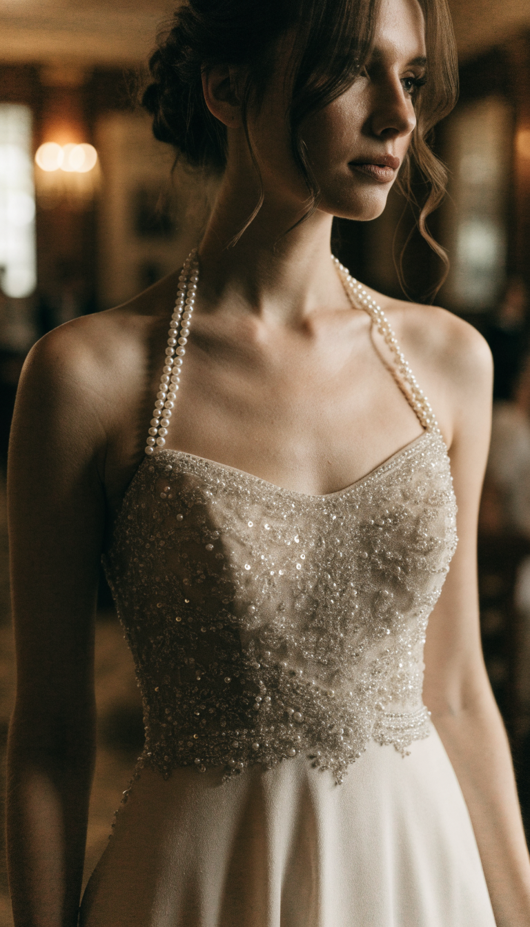 Bride in beaded halter wedding dress with sparkling bodice and plain skirt