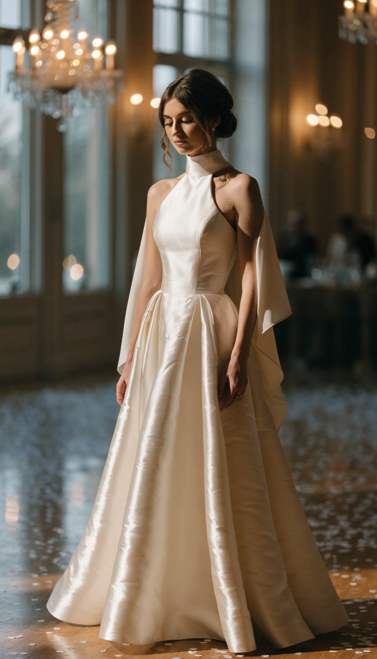 Bride in structured ivory satin halter gown with wrap in a winter ballroom