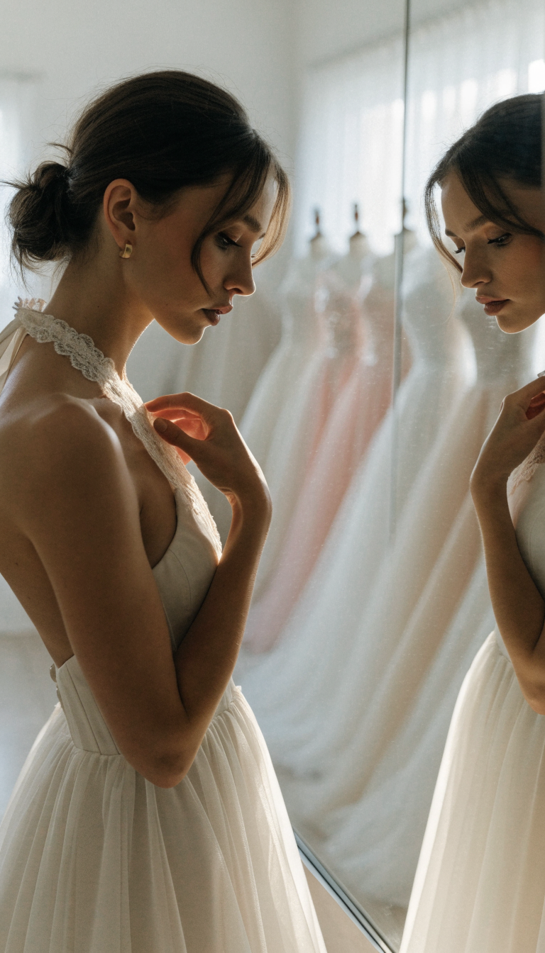 Bride trying on ivory halter wedding dress in bright bridal boutique