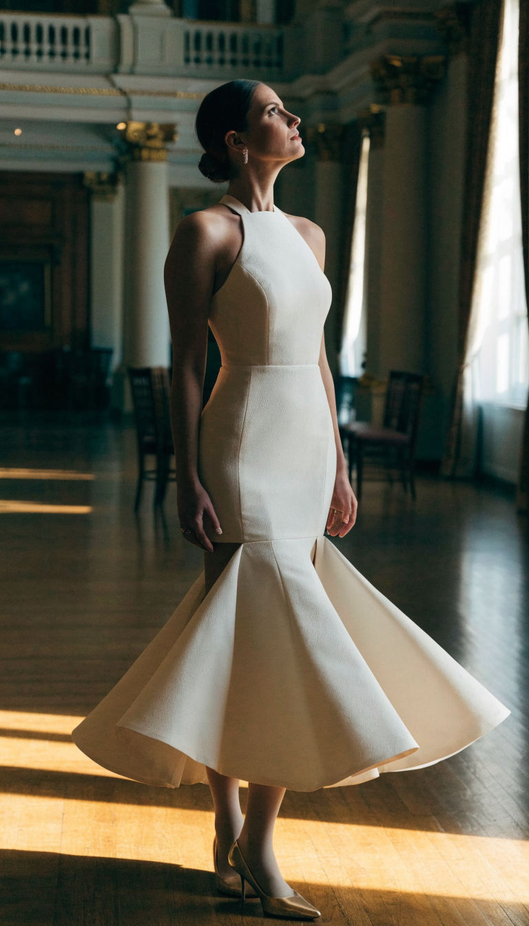Bride in ivory trumpet halter gown with flared skirt in hotel ballroom