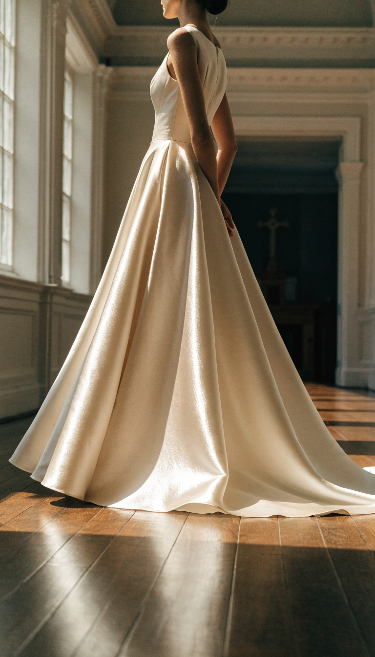 classic A-line ivory satin wedding dress with soft sheen in church aisle