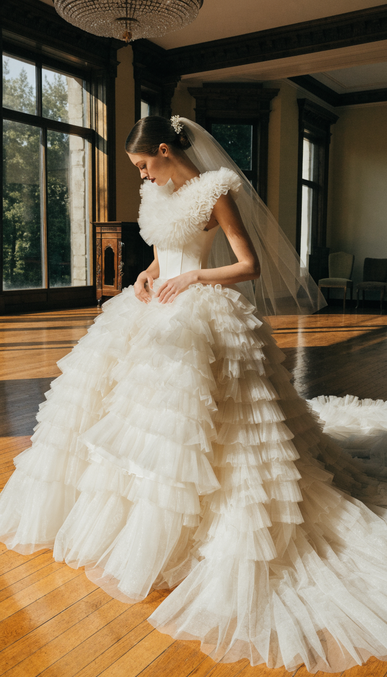 dramatic ivory tulle ball gown wedding dress in grand ballroom