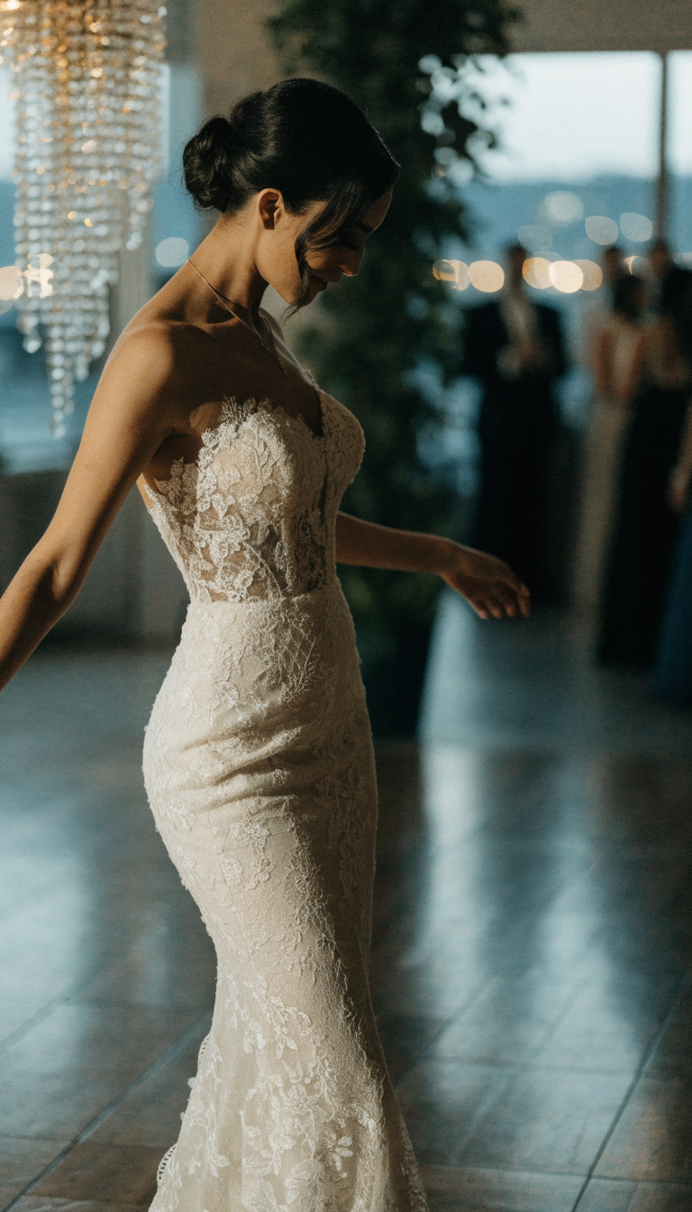 fitted mermaid ivory lace wedding dress on evening reception dance floor
