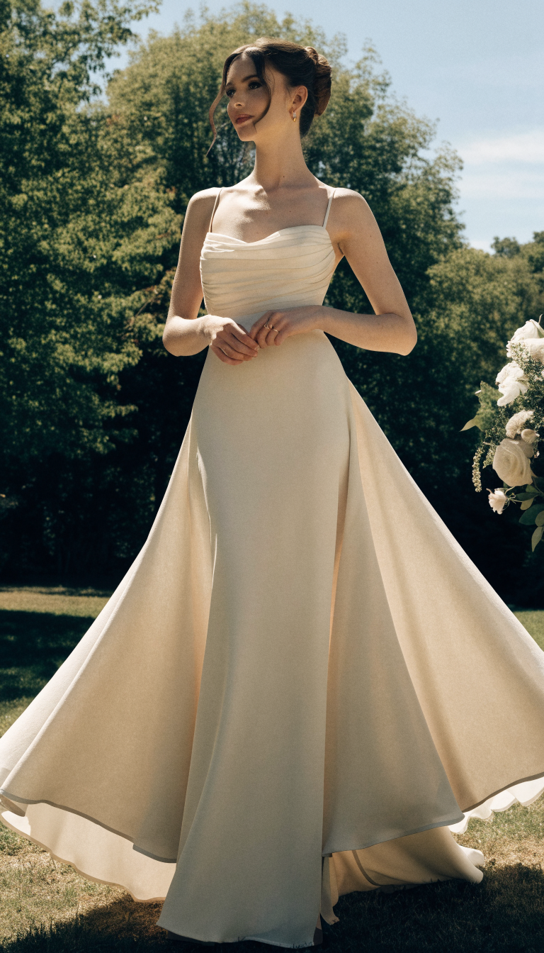 modern fit and flare ivory crepe wedding dress in garden ceremony