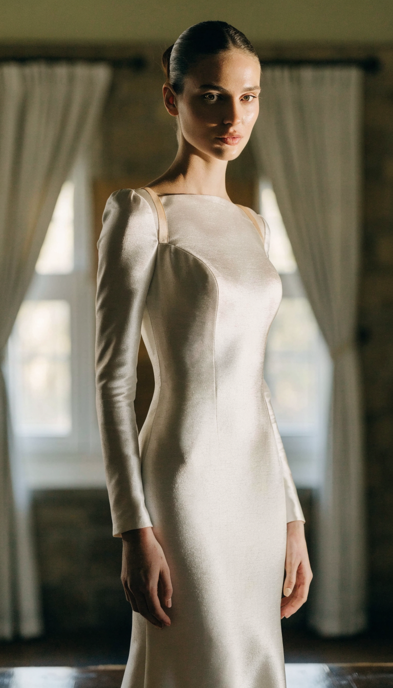 sleek column ivory mikado wedding dress in formal indoor venue