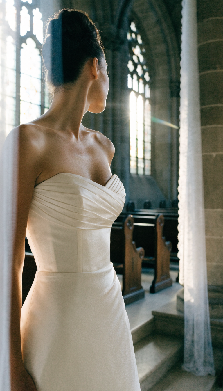 strapless sweetheart ivory wedding dress in church ceremony