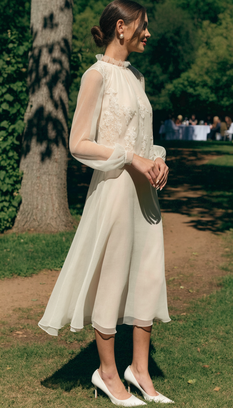 tea length ivory wedding dress showing shoes at daytime garden party
