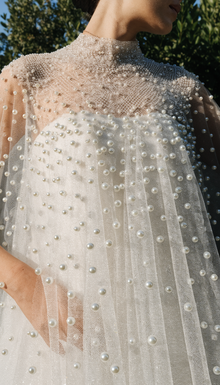 High neck illusion pearl wedding dress with scattered pearls on sheer tulle