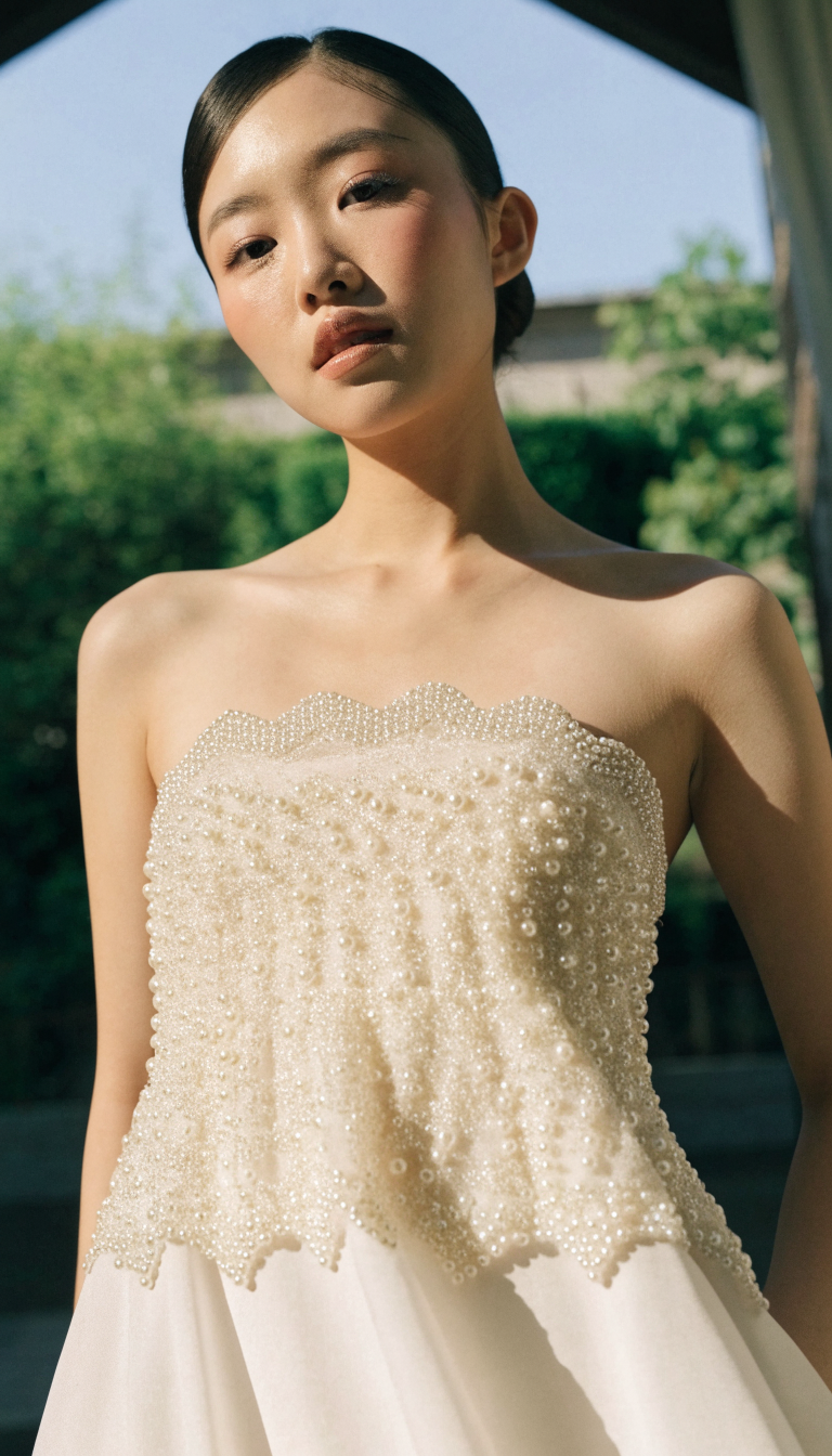 Strapless pearl wedding dress with pearl trim along top edge