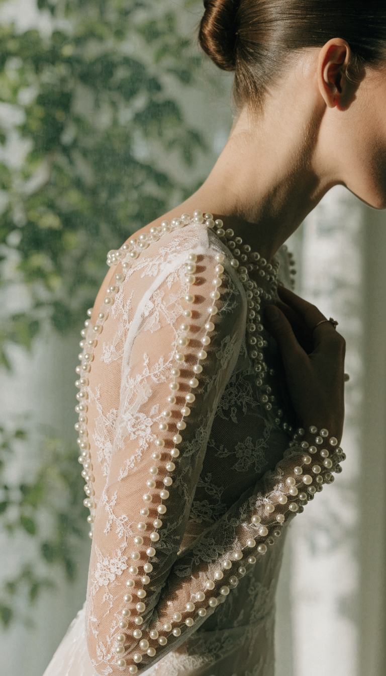 Long sleeve pearl wedding dress with pearl embellishment on sheer lace