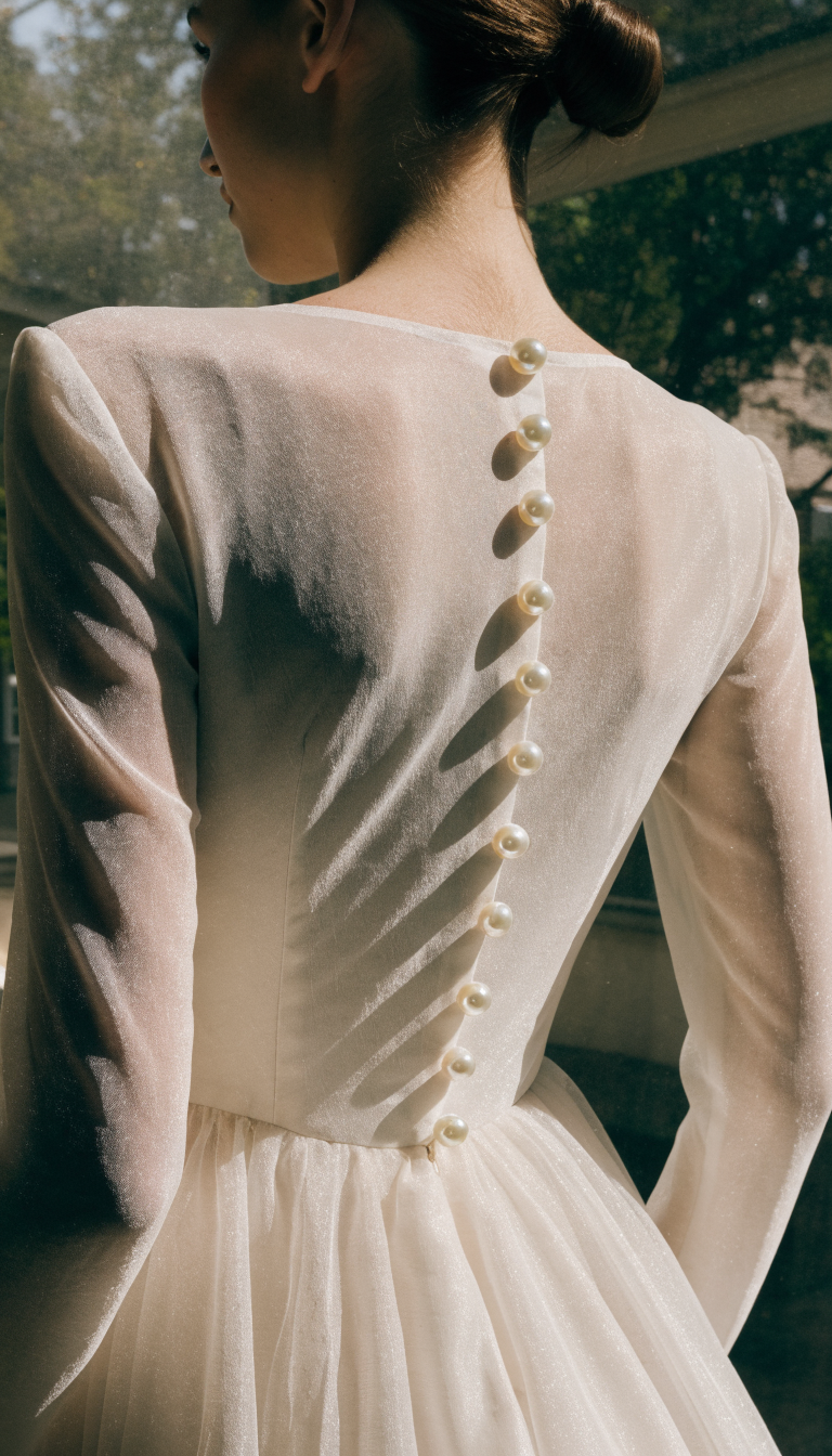 Button back pearl wedding dress with pearl buttons down center back