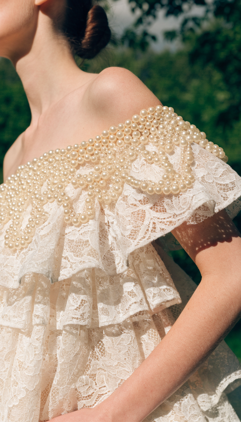 Lace pearl wedding dress with pearl appliques on floral lace