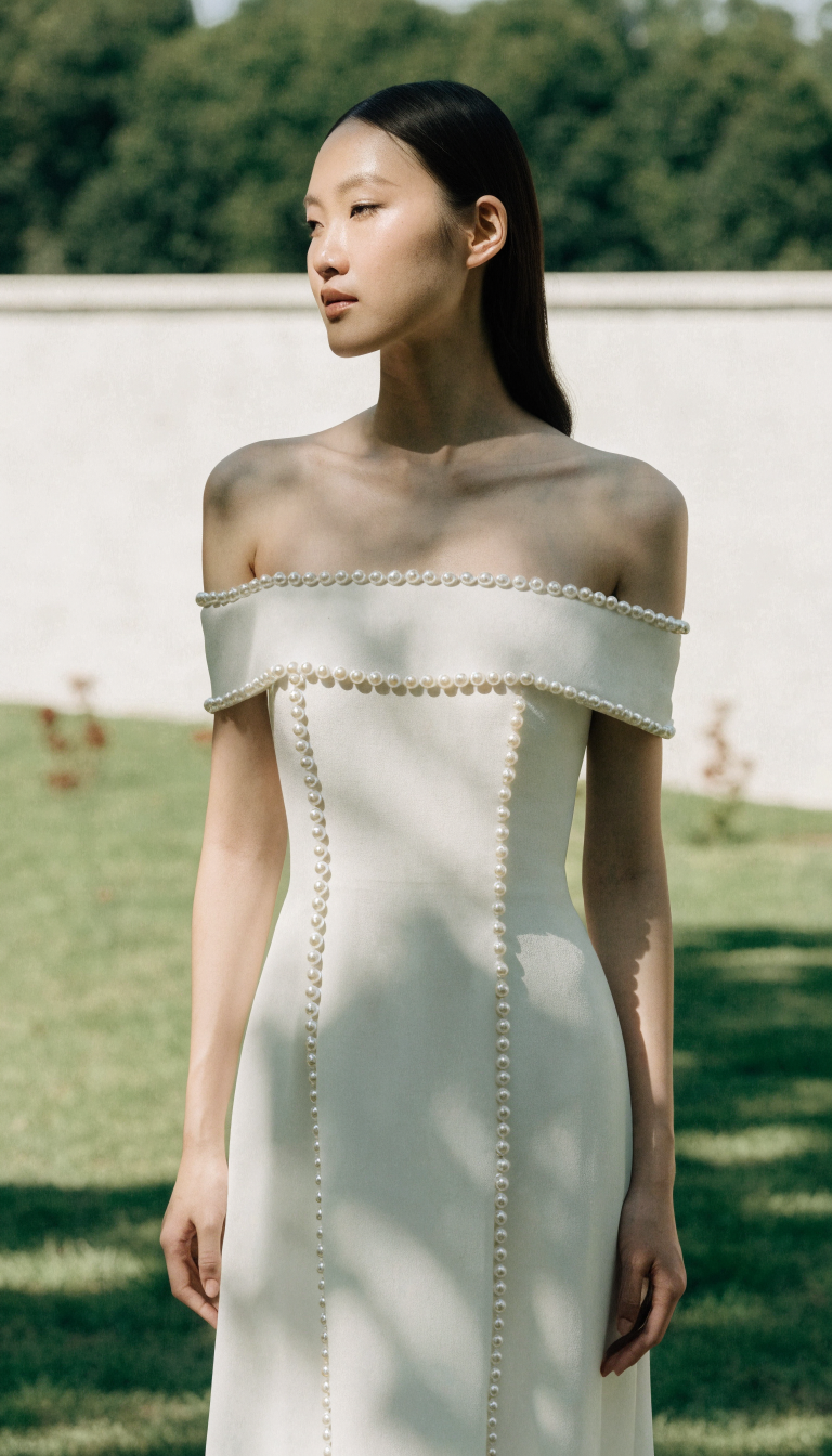 Minimalist clean crepe pearl wedding dress with minimal pearl accents