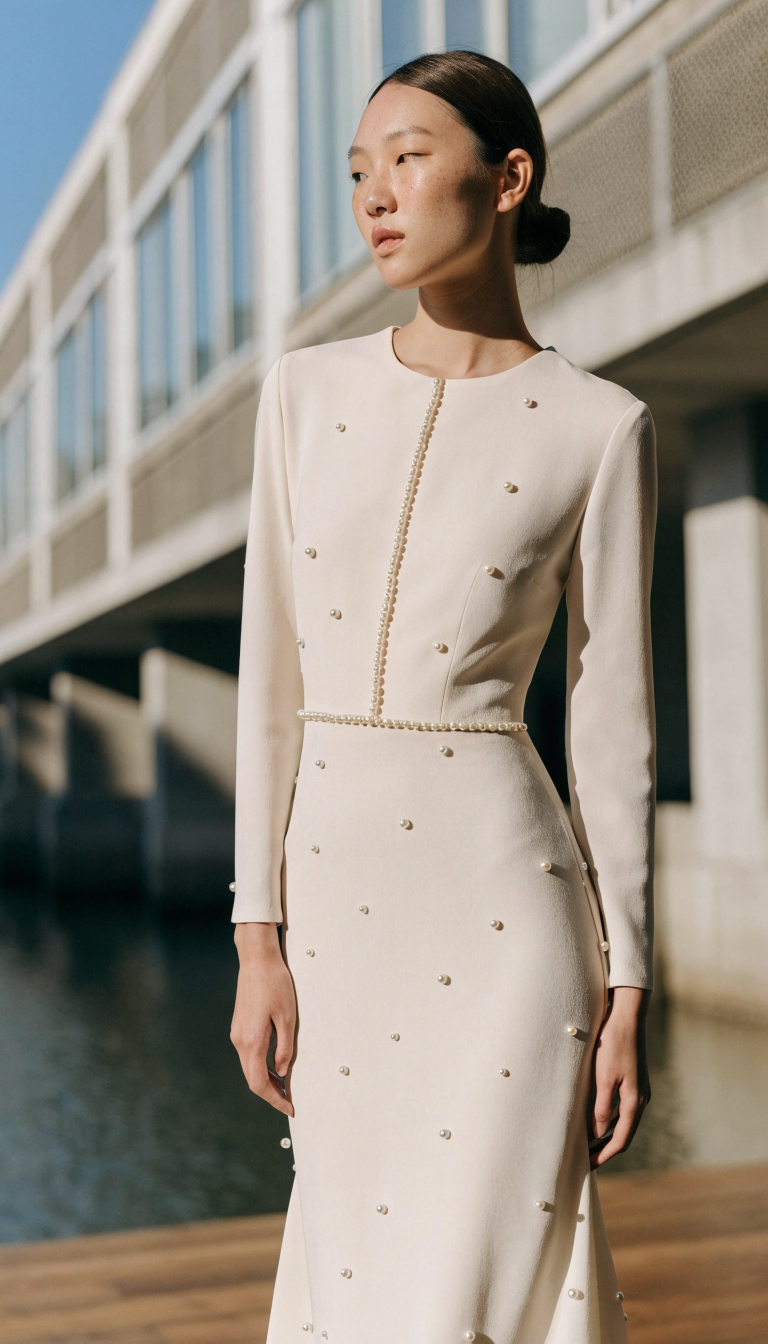 Sheath pearl wedding dress with subtle accents in matte crepe