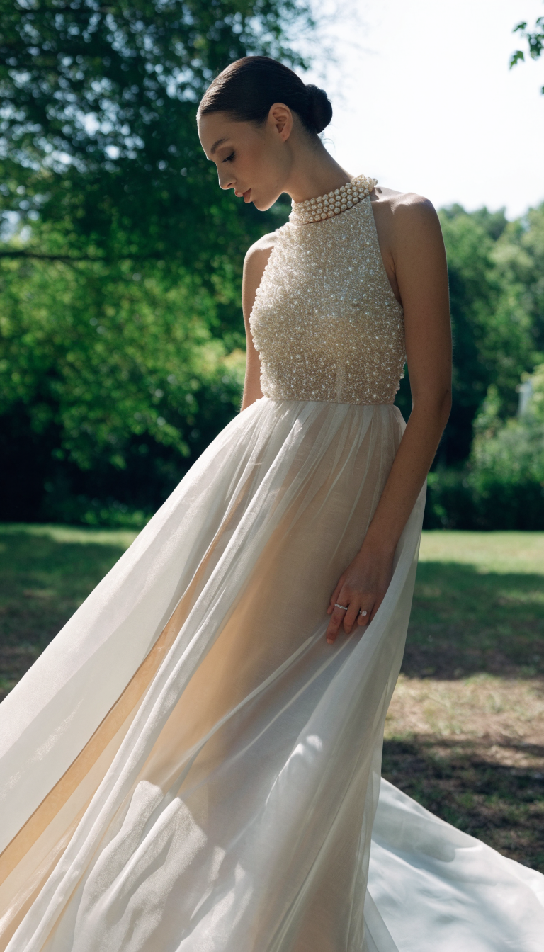 Empire waist pearl wedding dress with embellished bodice and flowing chiffon skirt