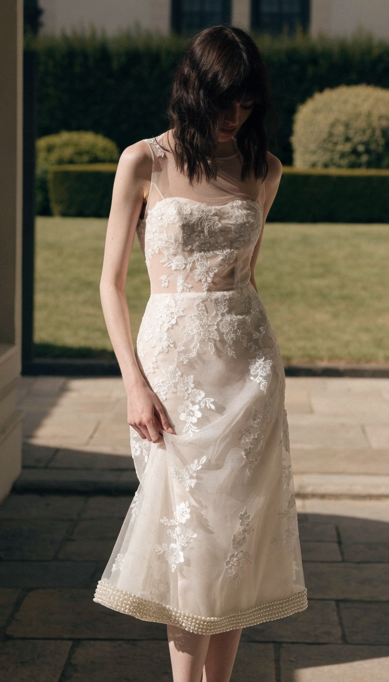Tea length pearl wedding dress with pearl hem trim