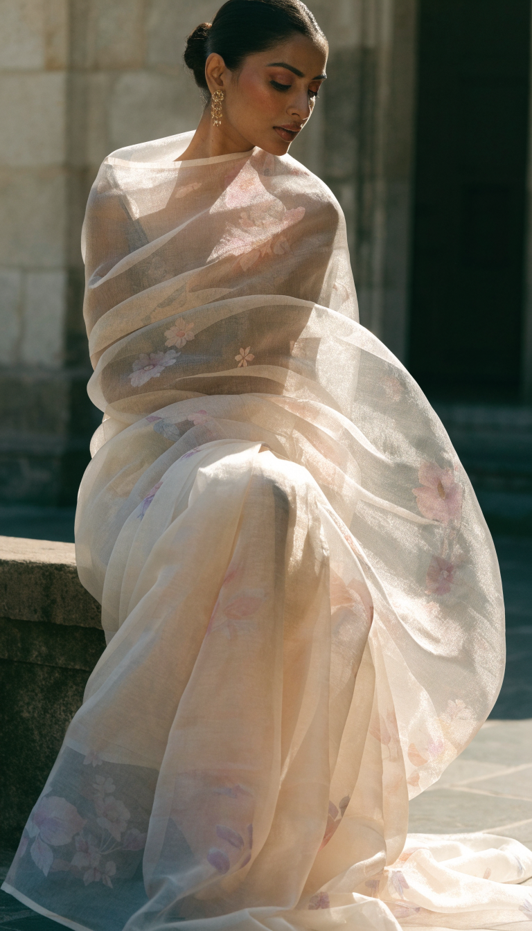 contemporary draped organza indian bridal saree