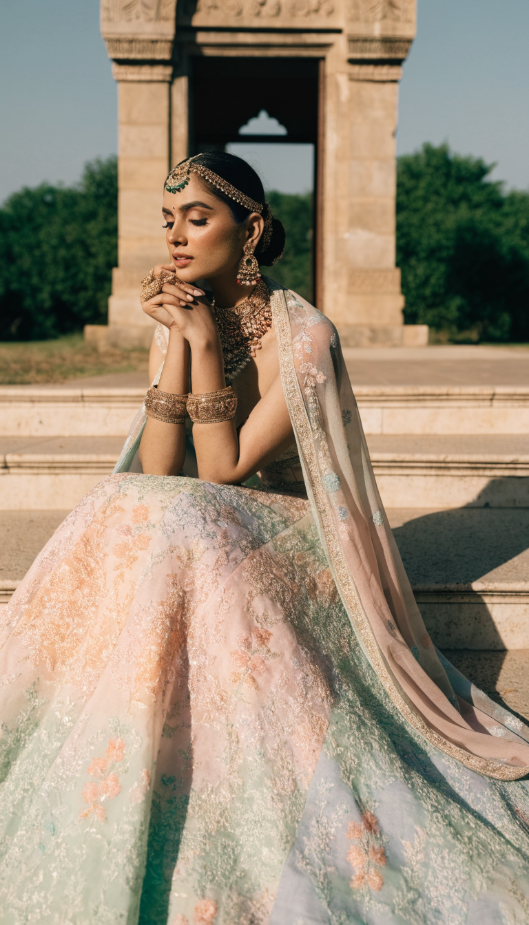 pastel floral threadwork indian bridal lehenga in mint peach blue
