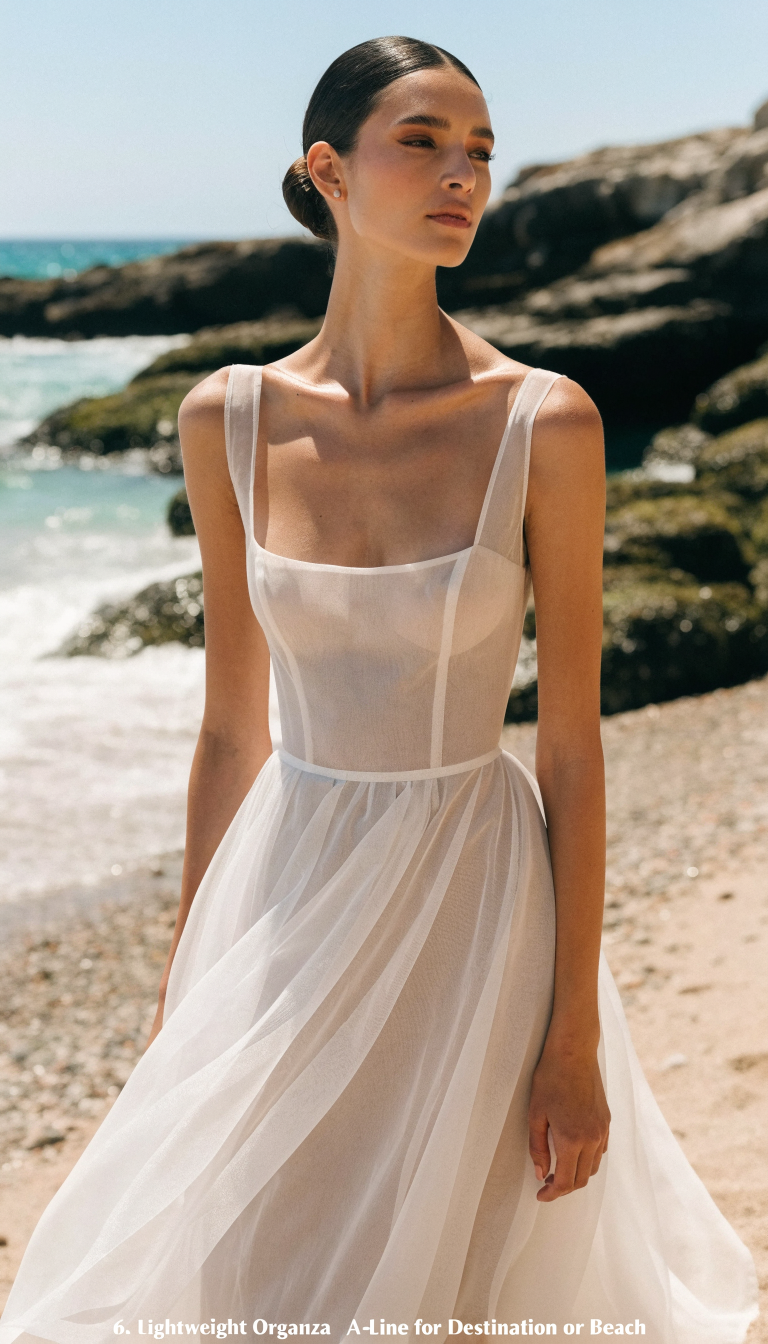 Lightweight organza A-line wedding dress with square neckline for beach