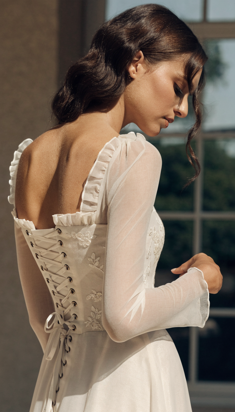 Square neck wedding dress with corset lace-up back